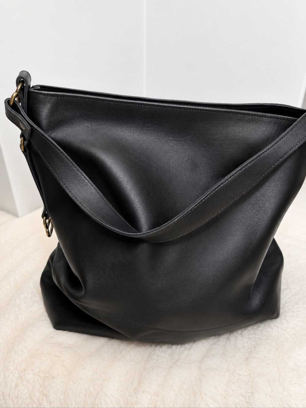 Black Vegan Leather Slouchy Shoulder Bag Minimalist Chic Purse